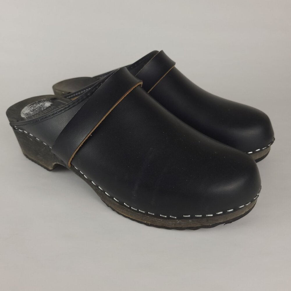 Moheda Toffeln Clogs Womens 38 / US 7 Black Real Leather Wood Slip-on Sweden